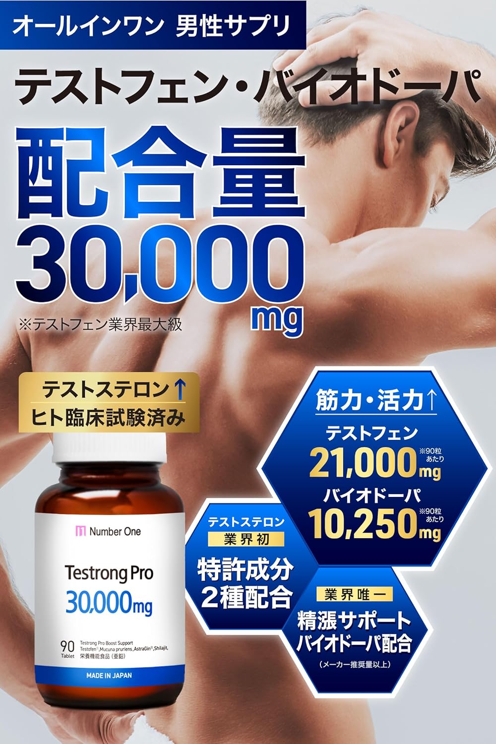 Testlong PRO 30,000 mg Testosterone Supplement, Testofen, Fenugreek, Biodopa, Astrazine, Vitamin D, Zinc, Pregnant Shilajit Extract, GMP Certified Domestic Production, 90 Tablets (1 Month Supply)