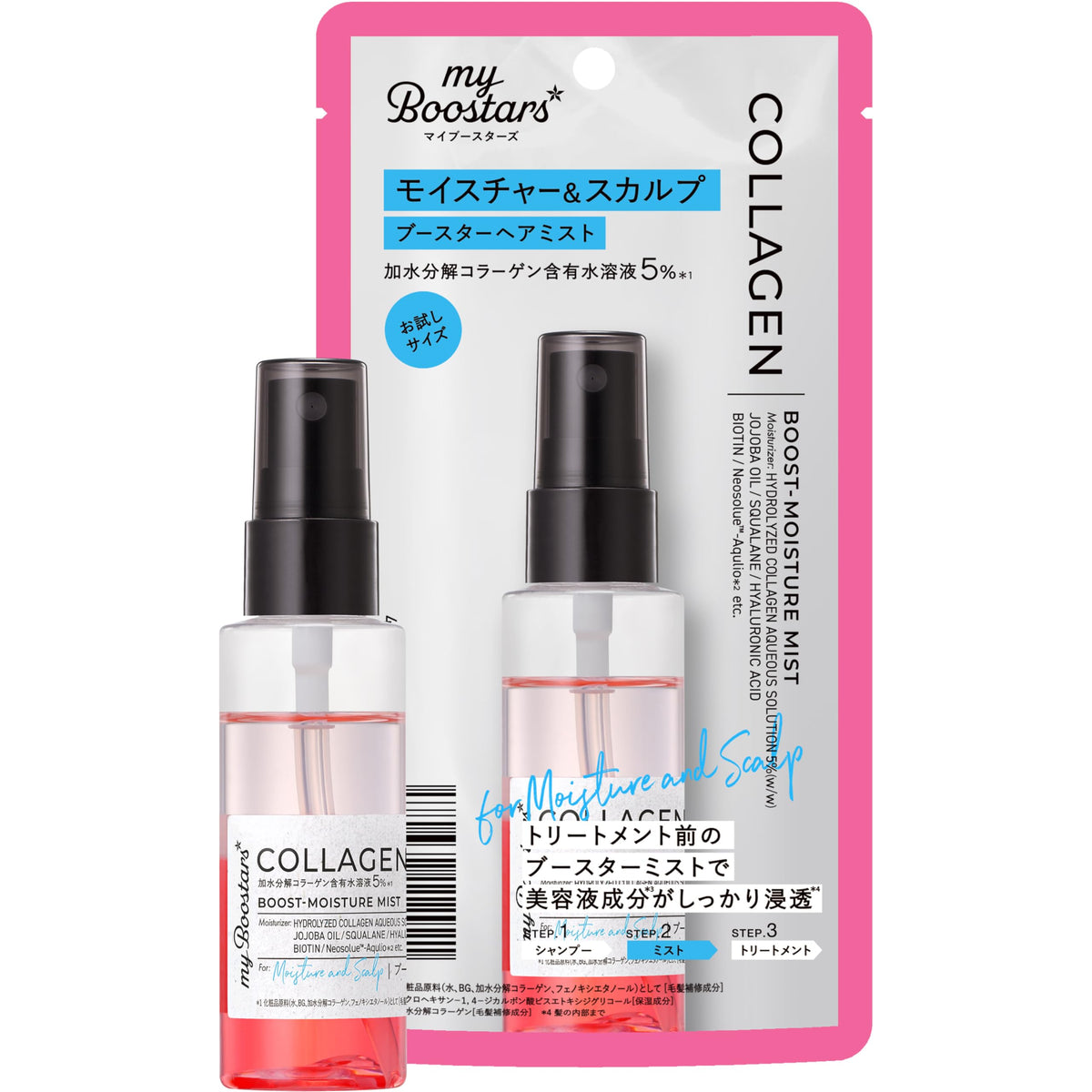 Collagen Booster Hair Mist Treatment Serum, Two-Layer Pump Mist with 5 Percent Hydrolyzed Collagen Solution and Biotin for Dry Hair and Scalp Moisture Before Treatment, Bergamot Aroma, Trial Size 40 mL