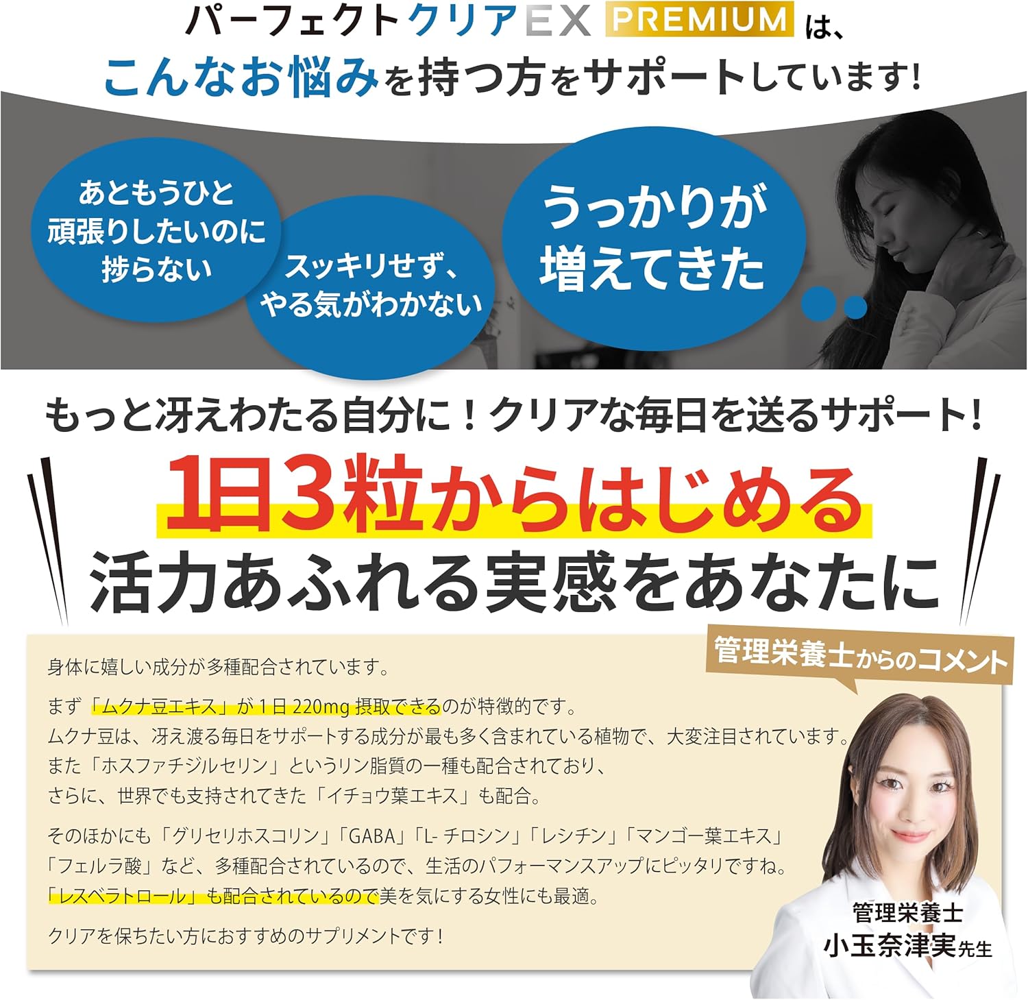 Perfect Clear EX Premium Phosphatidyl Serine PS Ginkgo Biloba Leaf Mucuna Bean Supplement GABA DHA Tyrosine Lecithin Capsules (90 Capsules for 30 Days), Made in Japan