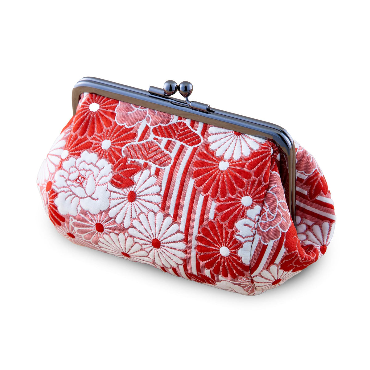 Fukure-Ori Retro Flower Kiss-Lock Pouch, Round Barrel Shape with an Iron Frame, 17 x 10 x 9 cm, Pink, Red or Purple, Made in Japan