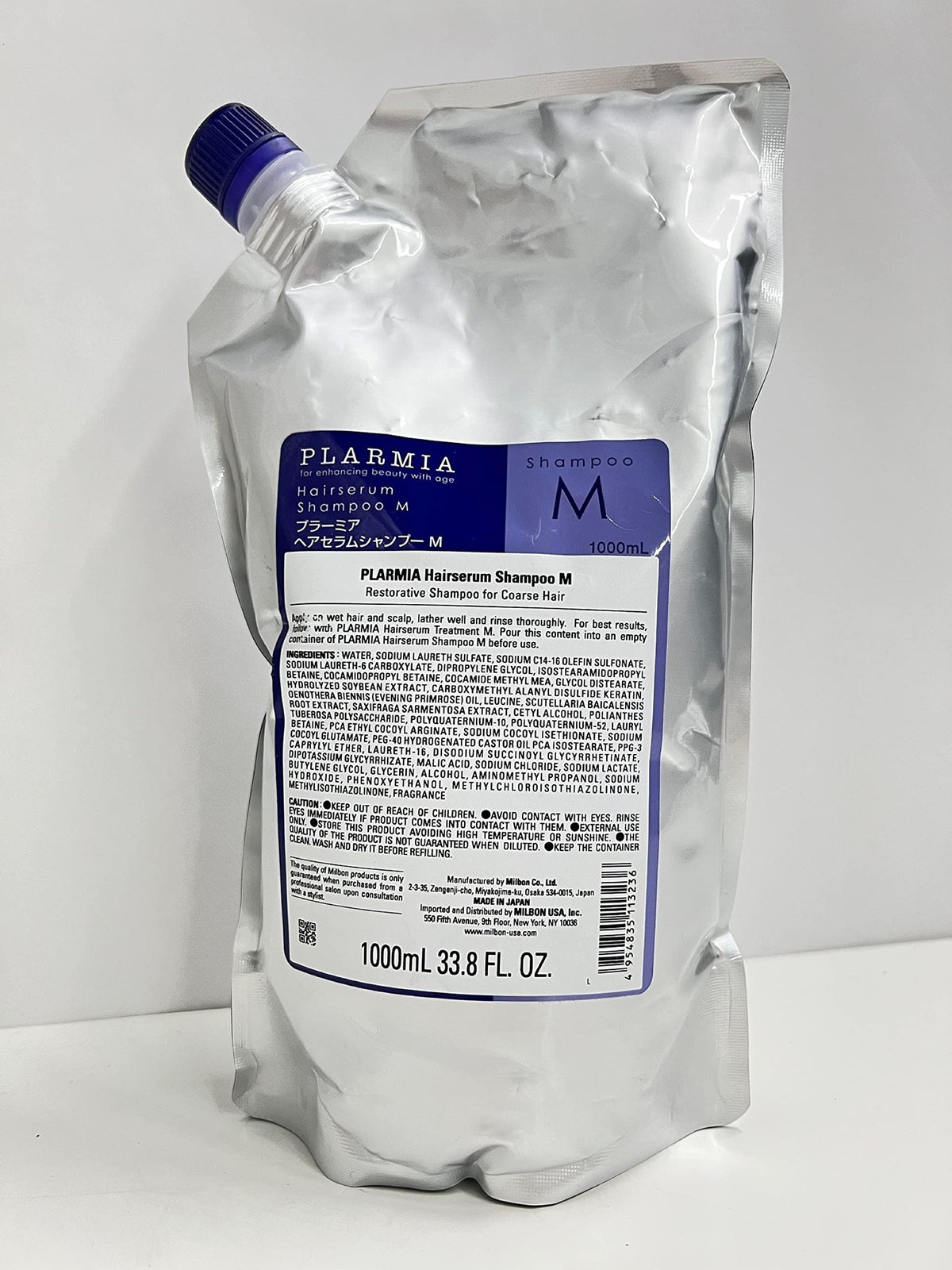 Milbon Plarmia Hairserum Shampoo M, Restorative Shampoo for Coarse Hair, 1000 mL Refill Pouch