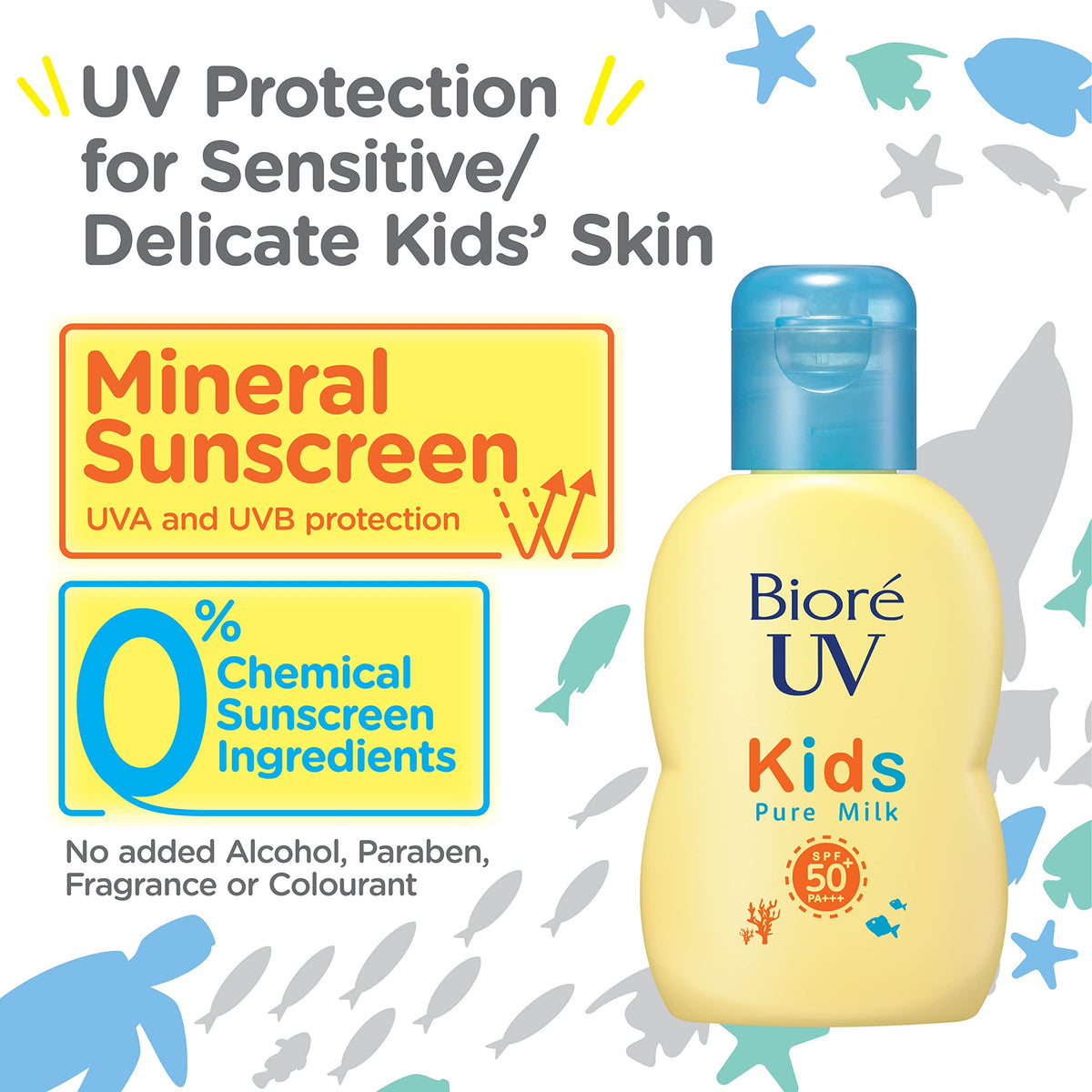 Bioré UV Kids Pure Milk Mineral Sunscreen SPF50+ PA+++ — Gentle Waterproof Sunscreen For Kids And Adults, 70ml