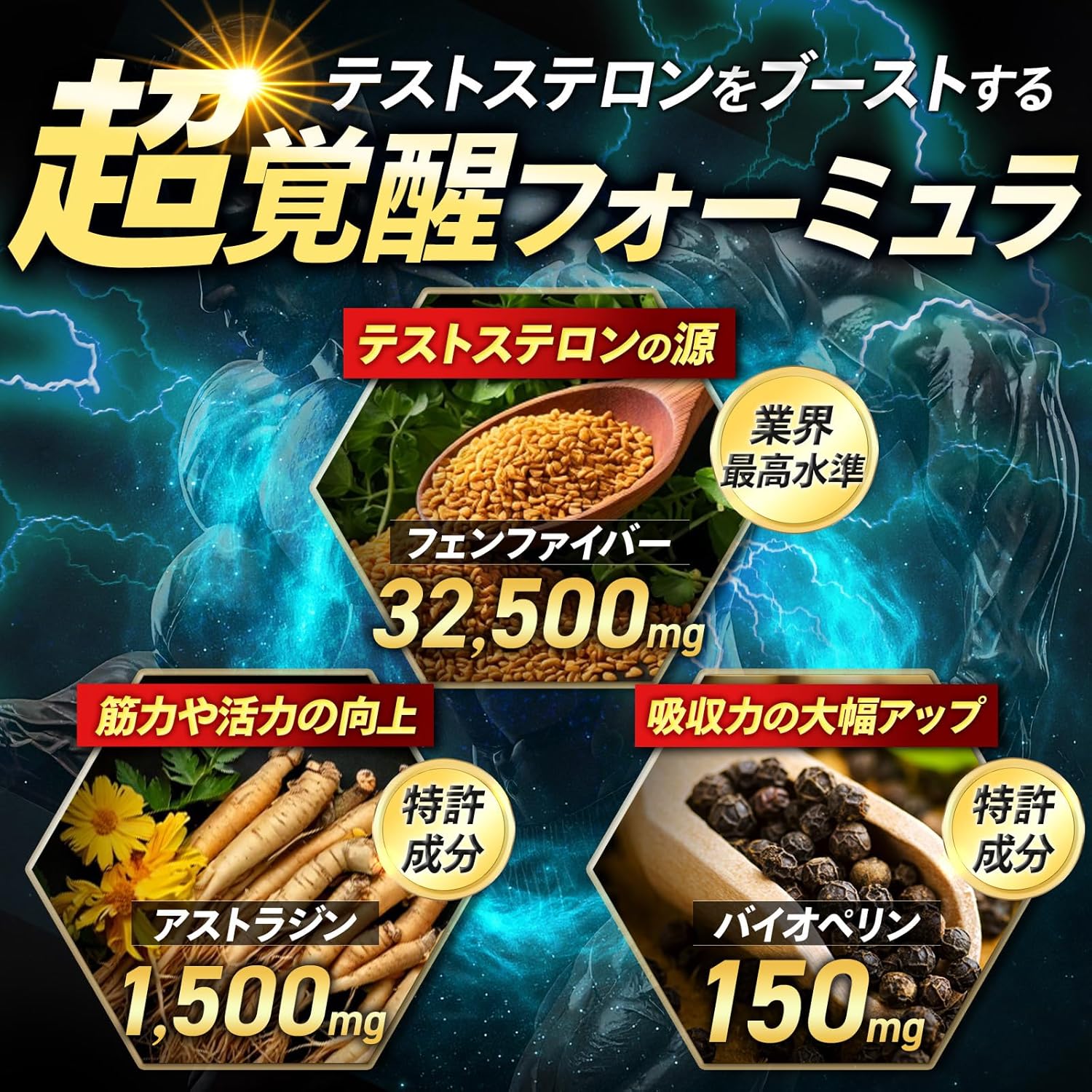 【フィジーク大会優勝者 大絶賛】TEST FORCE（テストフォース）クリニック共同開発 テストステロンブースター フェンファイバー アストラジン バイオぺリン 34,150mg フェヌグリーク ボディメイク 筋トレ トレーニング サプリ 栄養機能食品 日本製