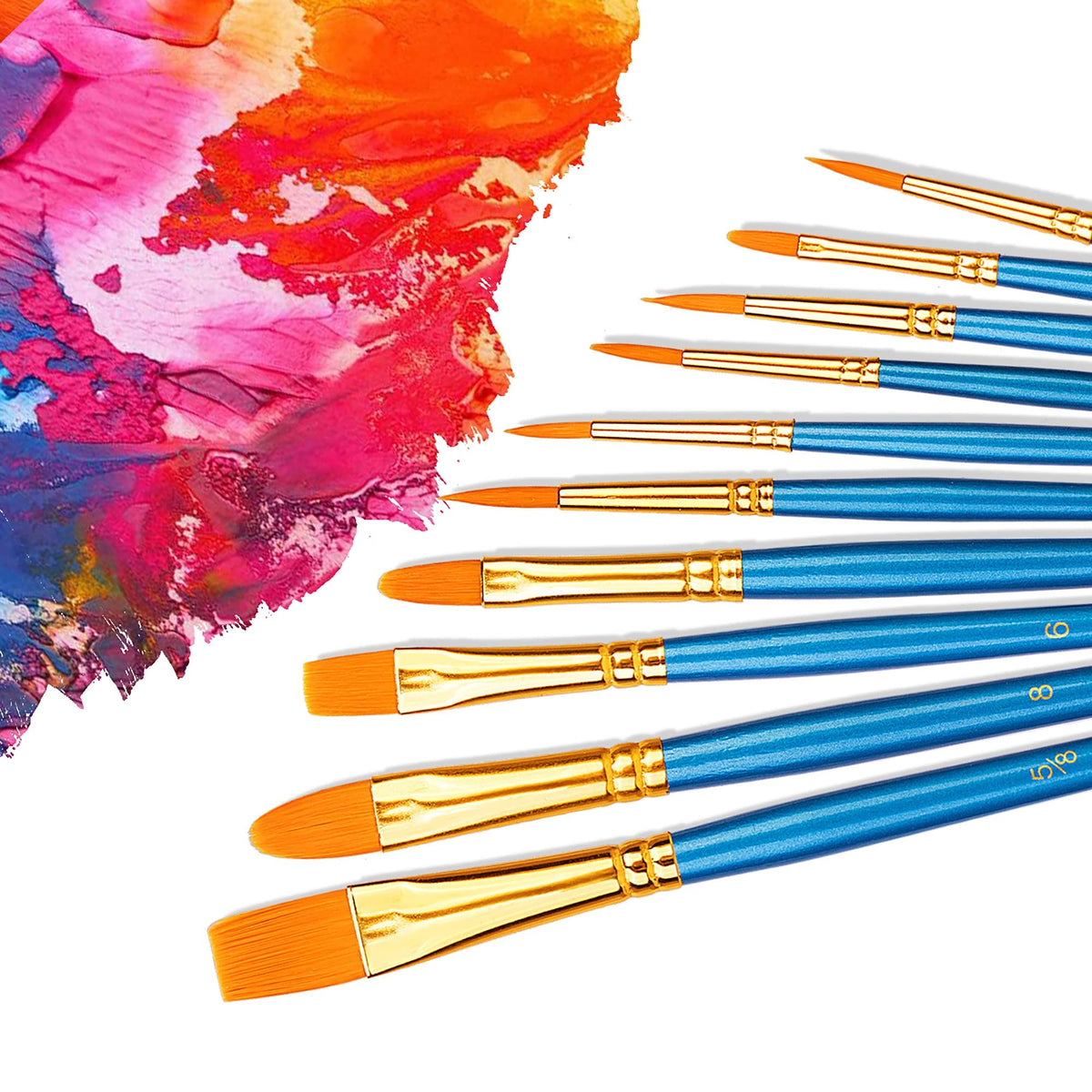 Amazon Basics Paint Brush Set of 10, Blue Wooden Handles with Soft PBT Bristles in Round, Filbert, Flat and Liner Shapes, 17.5 to 19.5 cm, for Watercolour, Acrylic and Oil