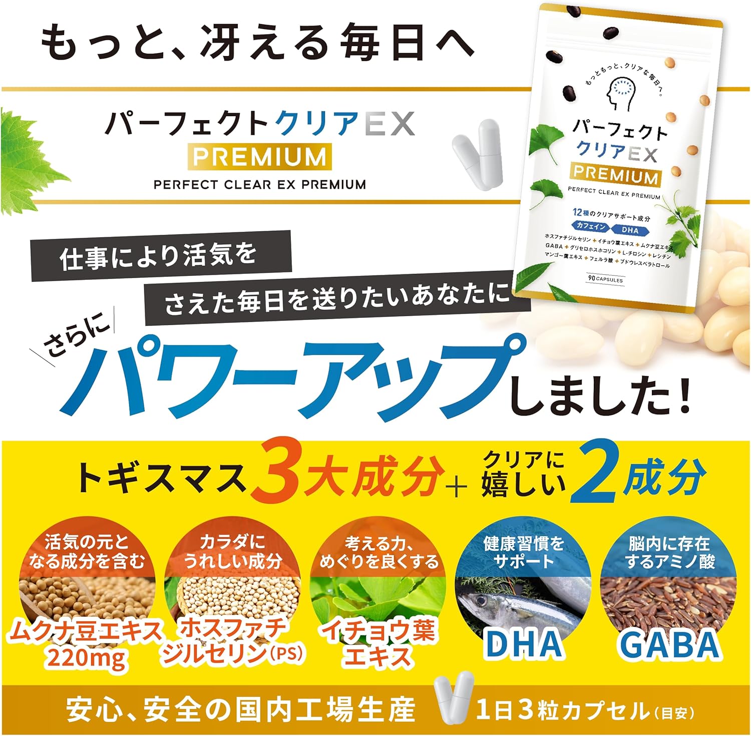 Perfect Clear EX Premium Phosphatidyl Serine PS Ginkgo Biloba Leaf Mucuna Bean Supplement GABA DHA Tyrosine Lecithin Capsules (90 Capsules for 30 Days), Made in Japan