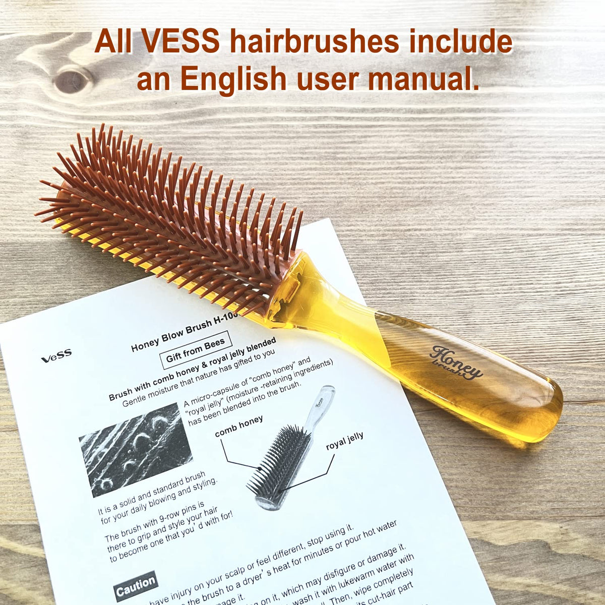 VESS Honey Blow Brush H-1000, 9-Row Pin Brush with Honey and Royal Jelly Microcapsules, Amber, Made in Japan