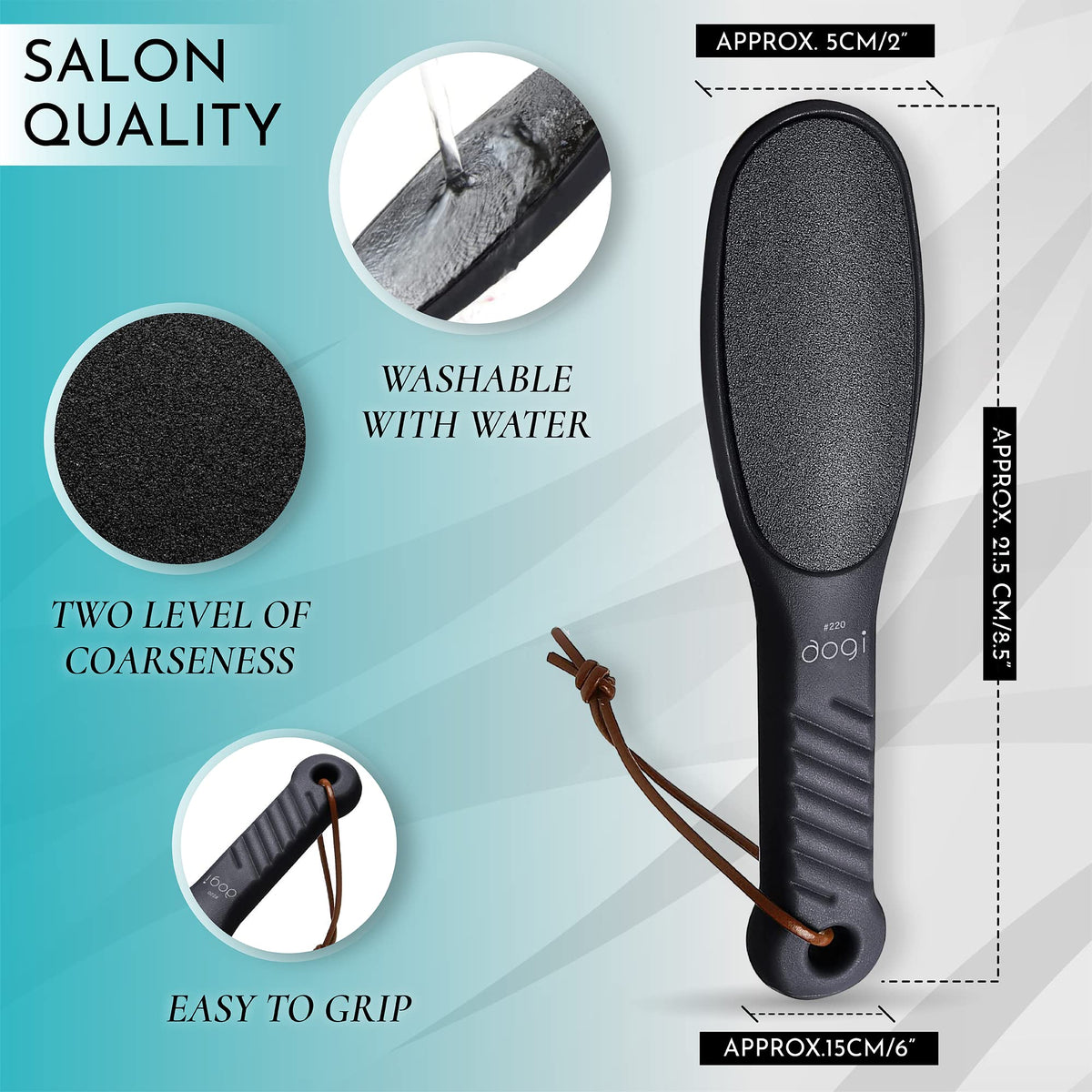 Aogi Pedicure Foot File, Two-Grade Washable Foot Rasp for Hard Skin and Calluses, Black, with Original Pouch, 21.6 cm