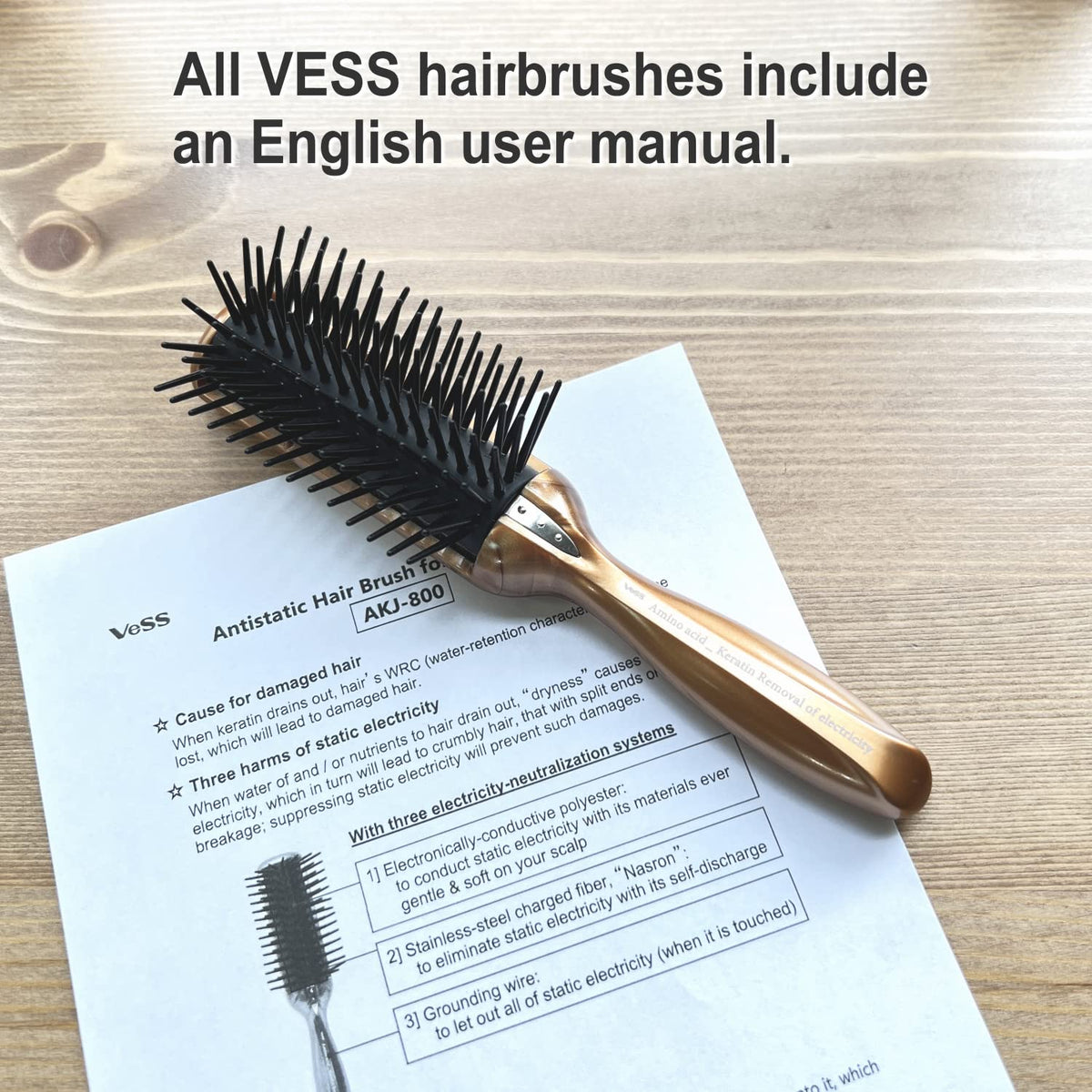 Anti-Static Round Blow-Dry Brush with Stainless-Steel Charged Fibers and a Grounding Wire, Small 17 cm or 2XL 22 cm, Gold-Brown Handle