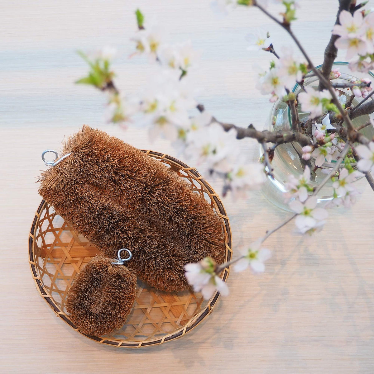 Kamenoko Tawashi Palm Chibikko P, Small Coir Palm Scrubber with a Hanging Ring for Dishes and Vegetables, 50 x 32 x 70 mm, 1 Piece or 2-Piece Set