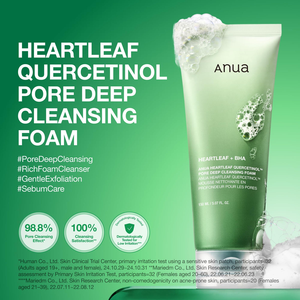Anua Heartleaf Quercetinol Pore Deep Cleansing Foam 150 mL, Gentle Exfoliating Face Wash with Heartleaf Powder, BHA and Hyaluronic Acids, Fragrance-Free