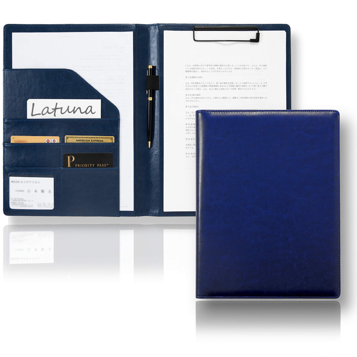 Latuna A4 Folding Clipboard Binder, Two-Fold Leather Binder with Quiet Clip for About 60 Sheets, Card Pockets and Pen Holder, 32 x 24.5 x 2 cm, Black, Navy or Brown