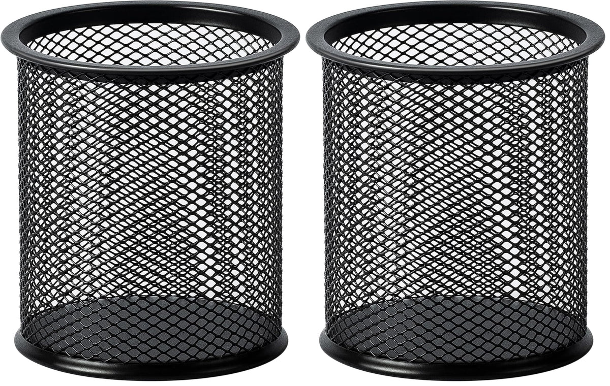Amazon Basics Wire Mesh Pen Cup, Black Powder-Coated Alloy Steel with Double Rim, 8.5 cm Wide and 9.5 cm High, About 82 g, Pack of 1 or 2