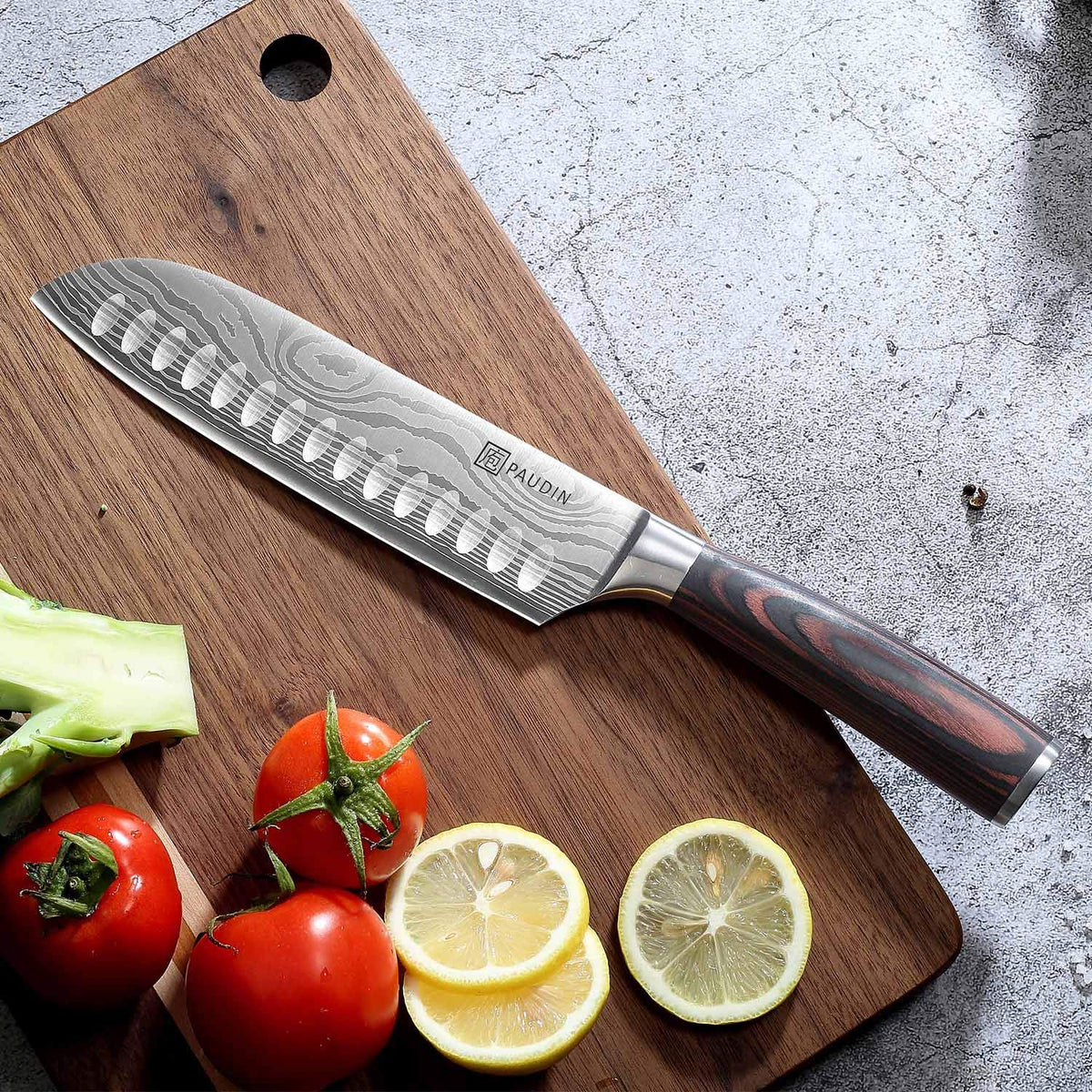 PAUDIN Santoku Knife 170 mm with Sheath, 5Cr15Mov Stainless, Laminated Wood Handle