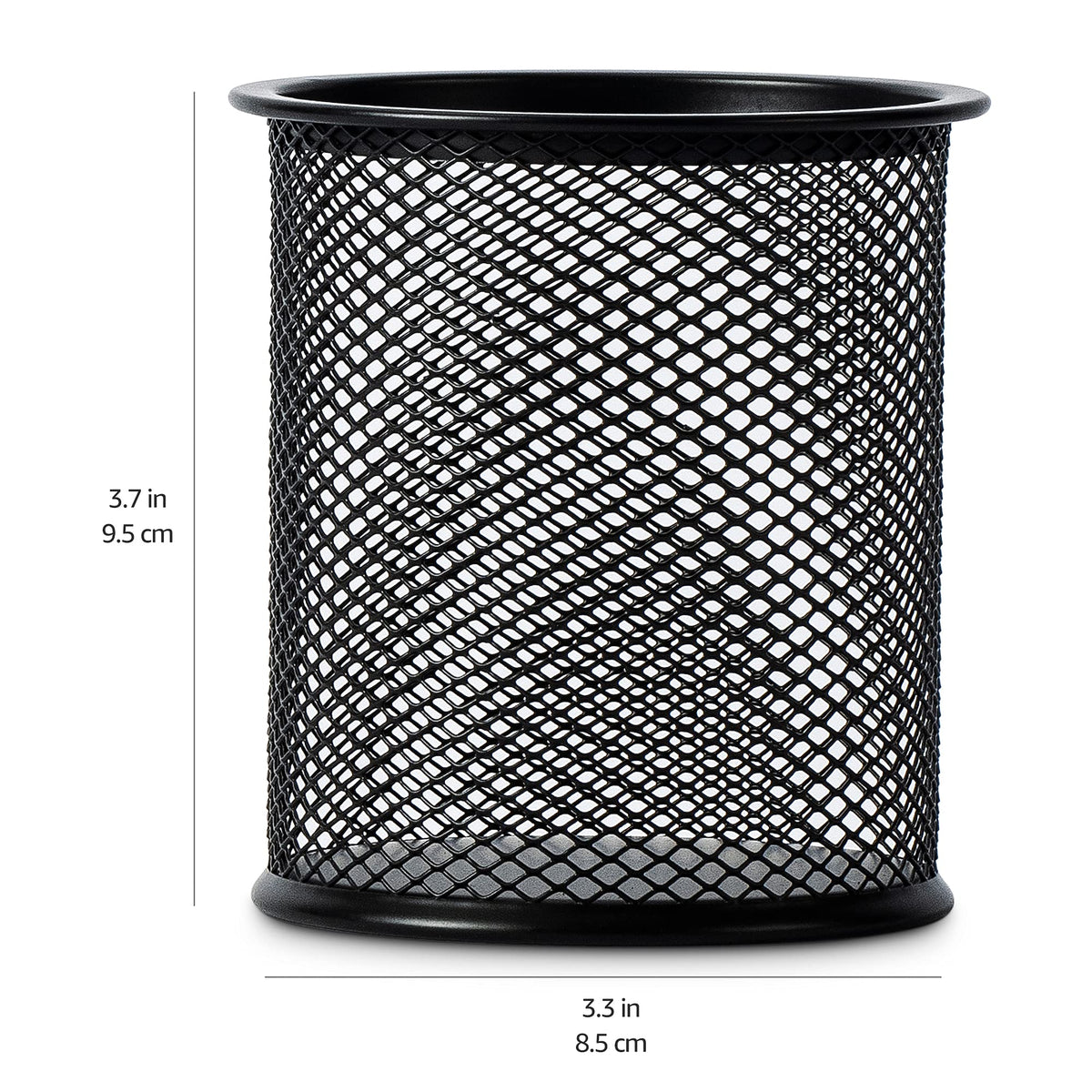 Amazon Basics Wire Mesh Pen Cup, Black Powder-Coated Alloy Steel with Double Rim, 8.5 cm Wide and 9.5 cm High, About 82 g, Pack of 1 or 2