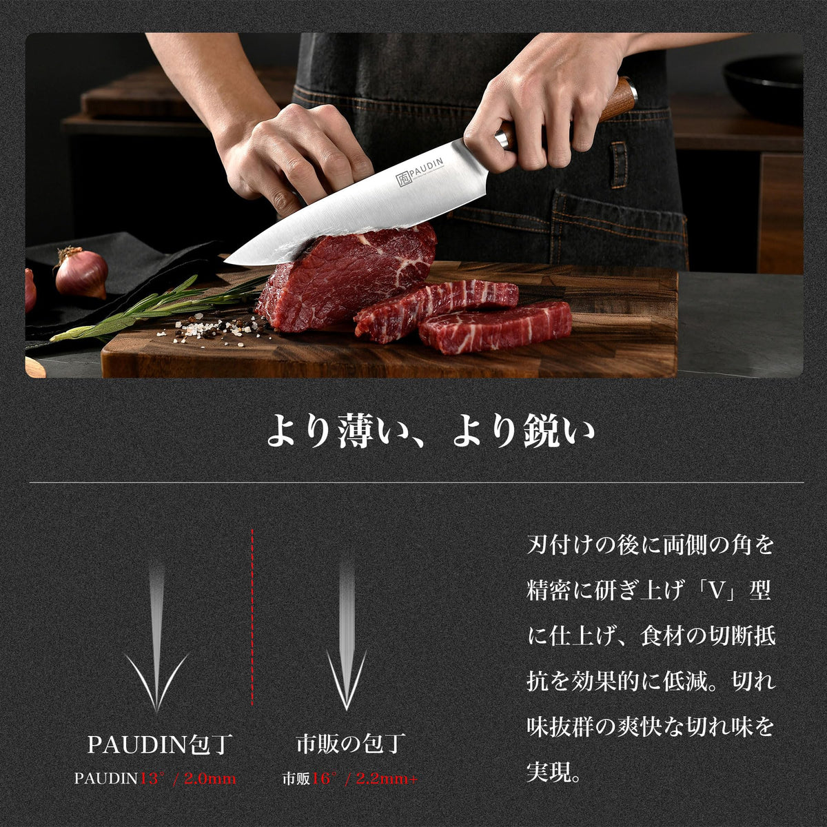 PAUDIN Chef Knife, Santoku and Petty Knife 3-Piece Set, 5Cr15MoV Stainless, Natural Wood Handles