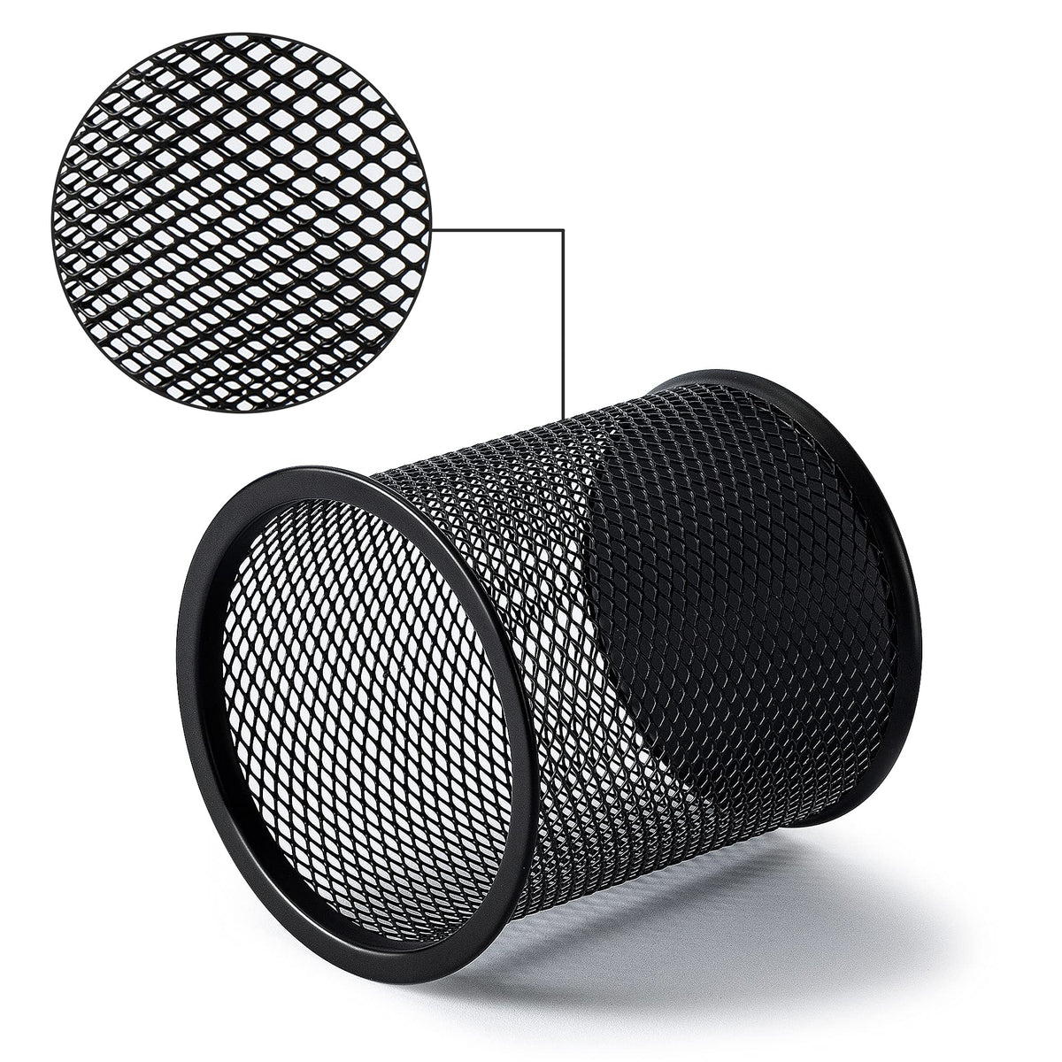 Amazon Basics Wire Mesh Pen Cup, Black Powder-Coated Alloy Steel with Double Rim, 8.5 cm Wide and 9.5 cm High, About 82 g, Pack of 1 or 2