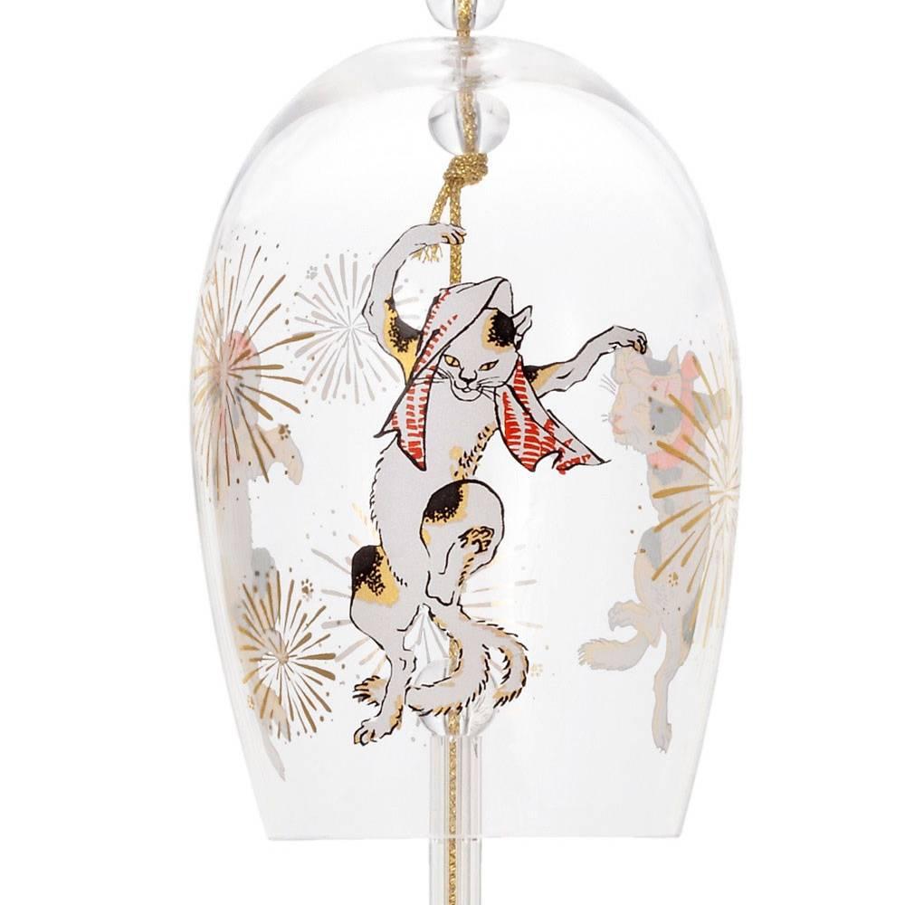 Aderia Handcrafted Glass Furin Wind Chime with Dancing Cat