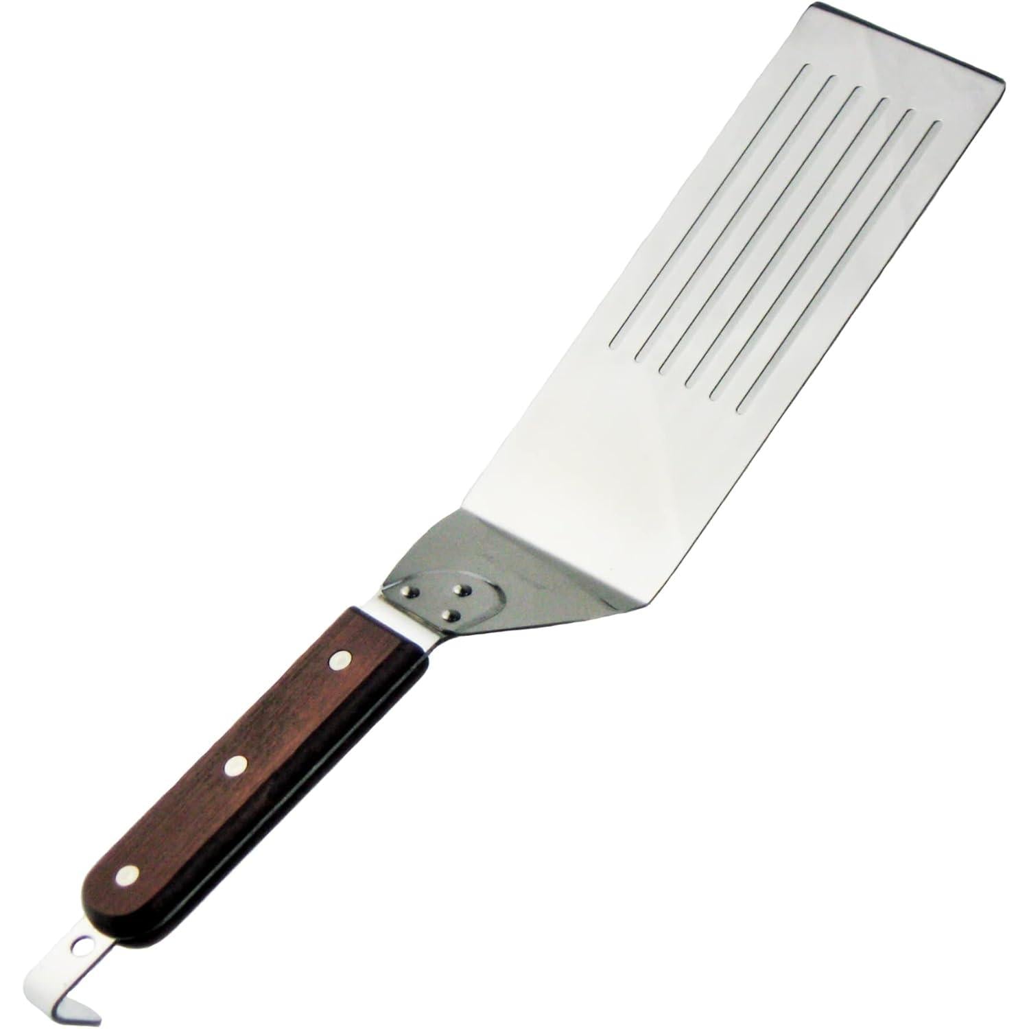 Premium 370mm Japanese stainless steel burger flipper with natural wooden handle and hanging hook