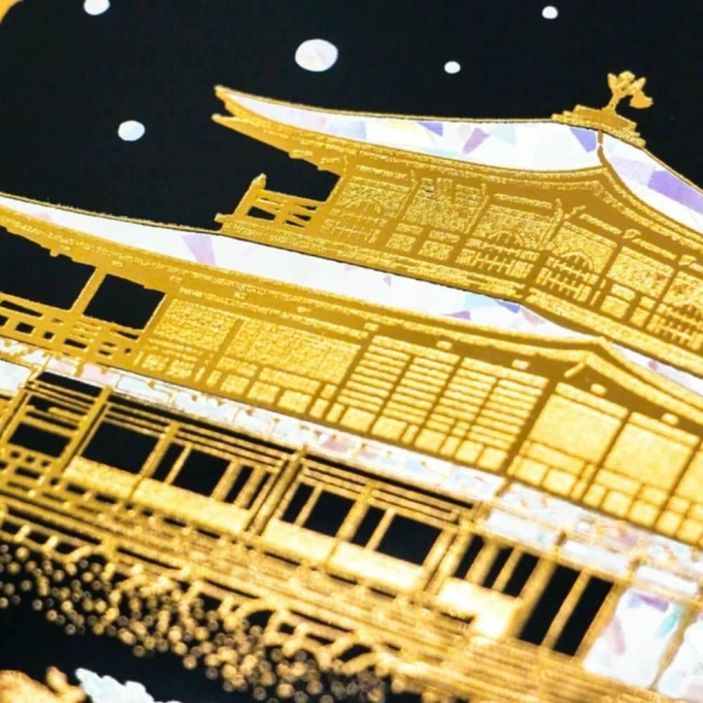 Elegant Black & Gold Foil Postcard Featuring Snow‑Covered Kinkakuji Temple