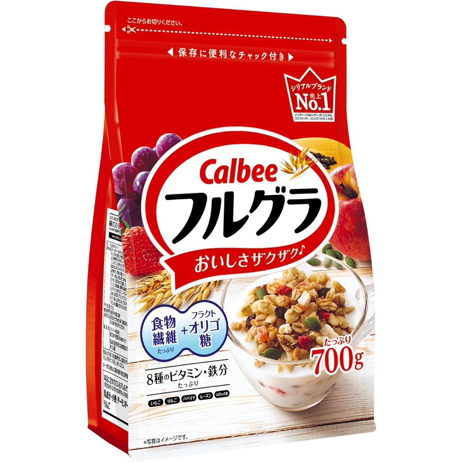 Calbee Frugra 700g red resealable bag showing crunchy granola with dried fruit pieces