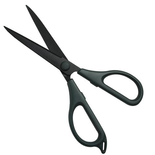 Canary Fluorine-Coated Non-Stick Scissors with black ergonomic handles and gray non-stick blades