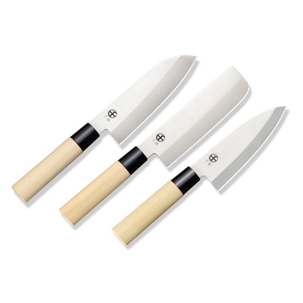 Chitose Japanese 3-Piece Knife Set Wood Handles Santoku Nakiri Deba