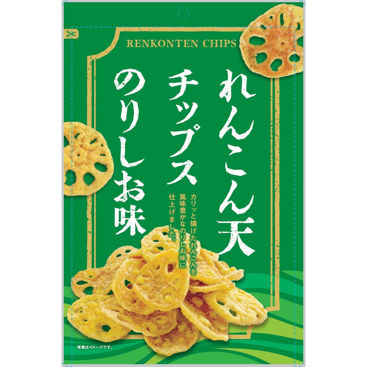 A bag of Daiko Salted Nori Lotus Root Renkon Chips showing crispy sliced lotus root pieces with seaweed seasoning
