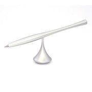 Delight Labo Chrome metal floating ballpoint pen levitating vertically on a matching magnetic circular stand