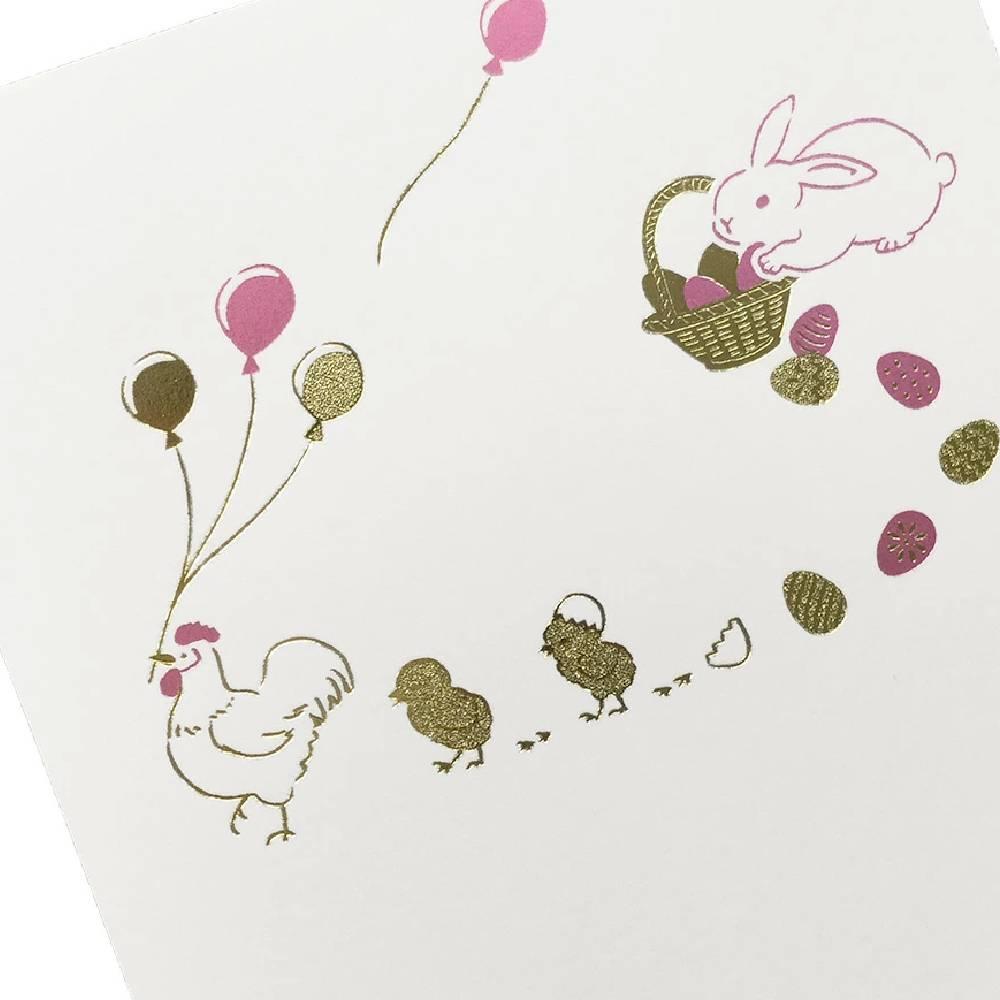 Gold Foil Easter Postcard with Cute Bunnies and Chicks
