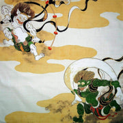 A 48cm square Japanese cotton Furoshiki featuring the gold and black Wind God Fujin and Thunder God Raijin design.