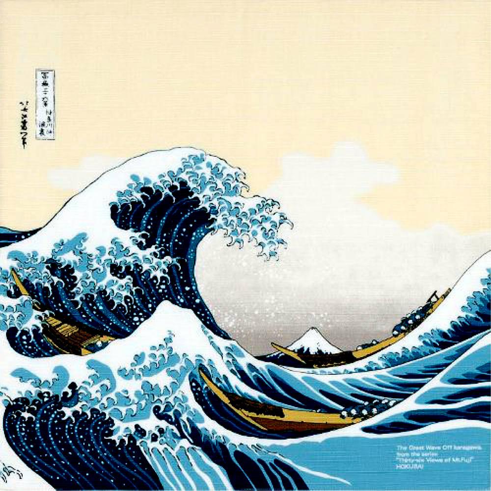 Musubi organic cotton Furoshiki wrapping cloth with indigo Great Wave Hokusai design 70x70cm
