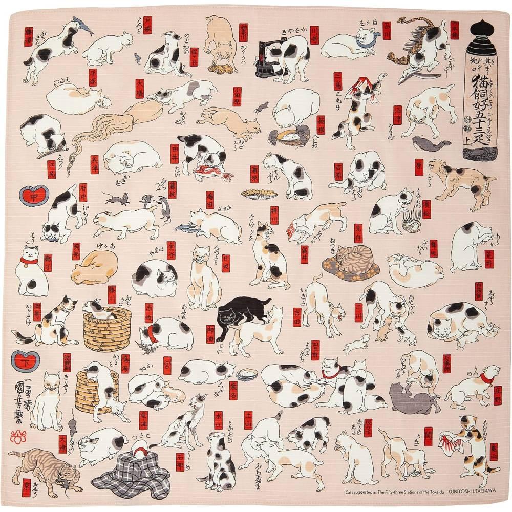 Pink Ukiyo-e Cat Parade Furoshiki Wrapping Cloth 48cm