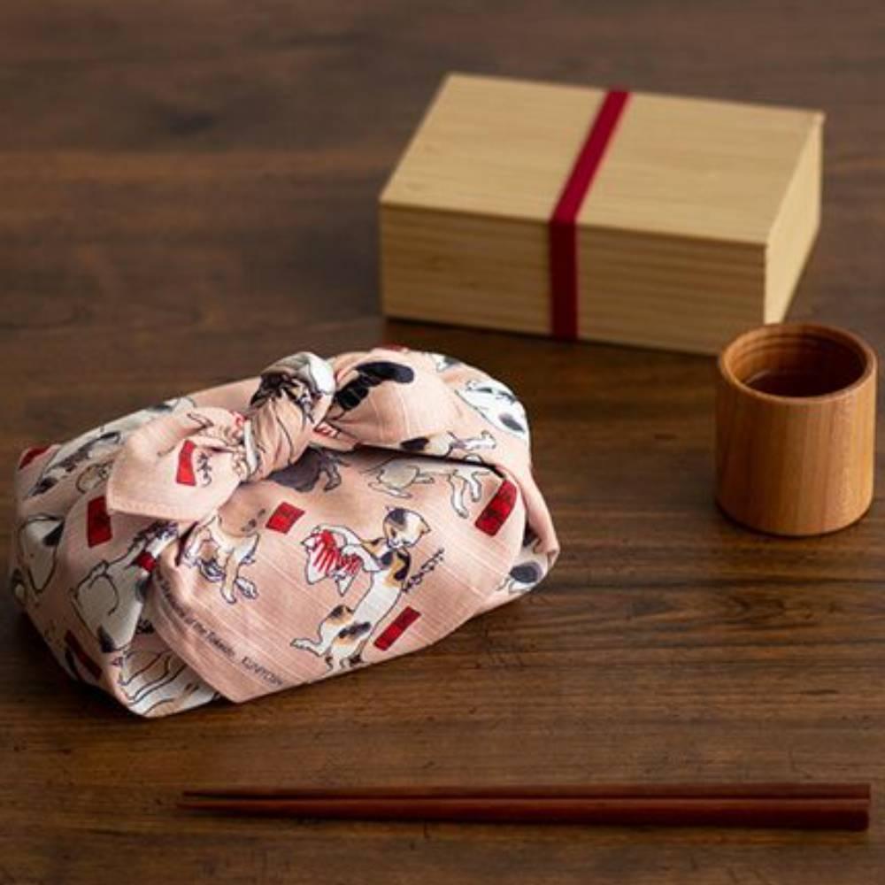 Pink Ukiyo-e Cat Parade Furoshiki Wrapping Cloth 48cm