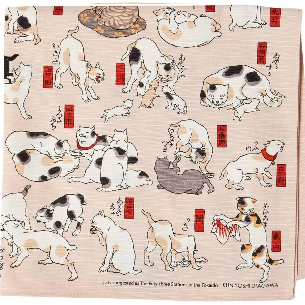 Pink Ukiyo-e Cat Parade Furoshiki Wrapping Cloth 48cm