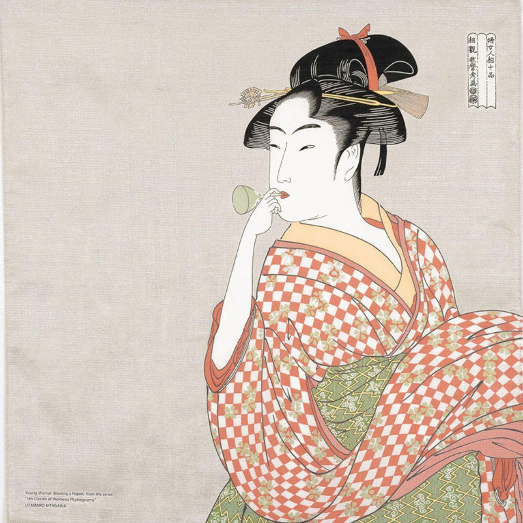 Musubi Ukiyo-e Furoshiki 70cm Japanese wrapping cloth featuring the famous Ukiyo-e print of a woman blowing a glass pipe by Kitagawa Utamaro