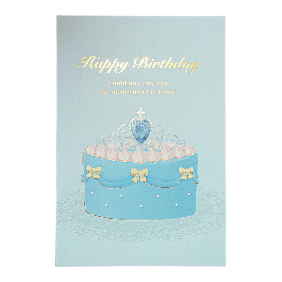 Elegant Gold Foil Birthday Card with Blue Crown Cake Design