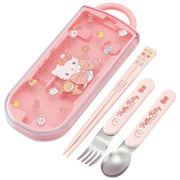 Sanrio Hello Kitty 3-piece portable cutlery set featuring a red and white case with Hello Kitty illustrations, including a stainless steel spoon, fork, and chopsticks.