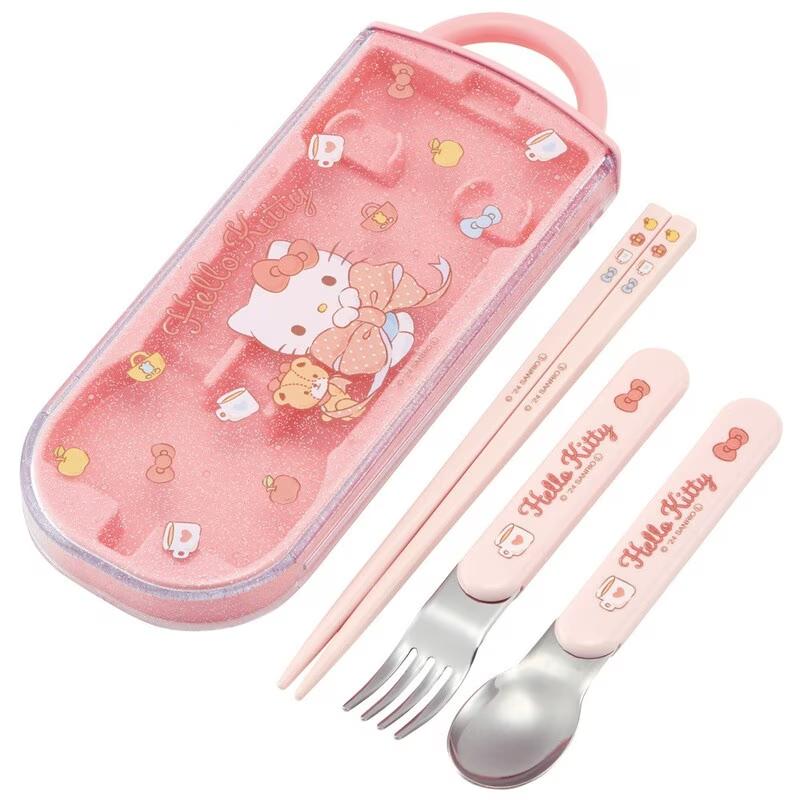 Sanrio Hello Kitty 3-piece portable cutlery set featuring a red and white case with Hello Kitty illustrations, including a stainless steel spoon, fork, and chopsticks.