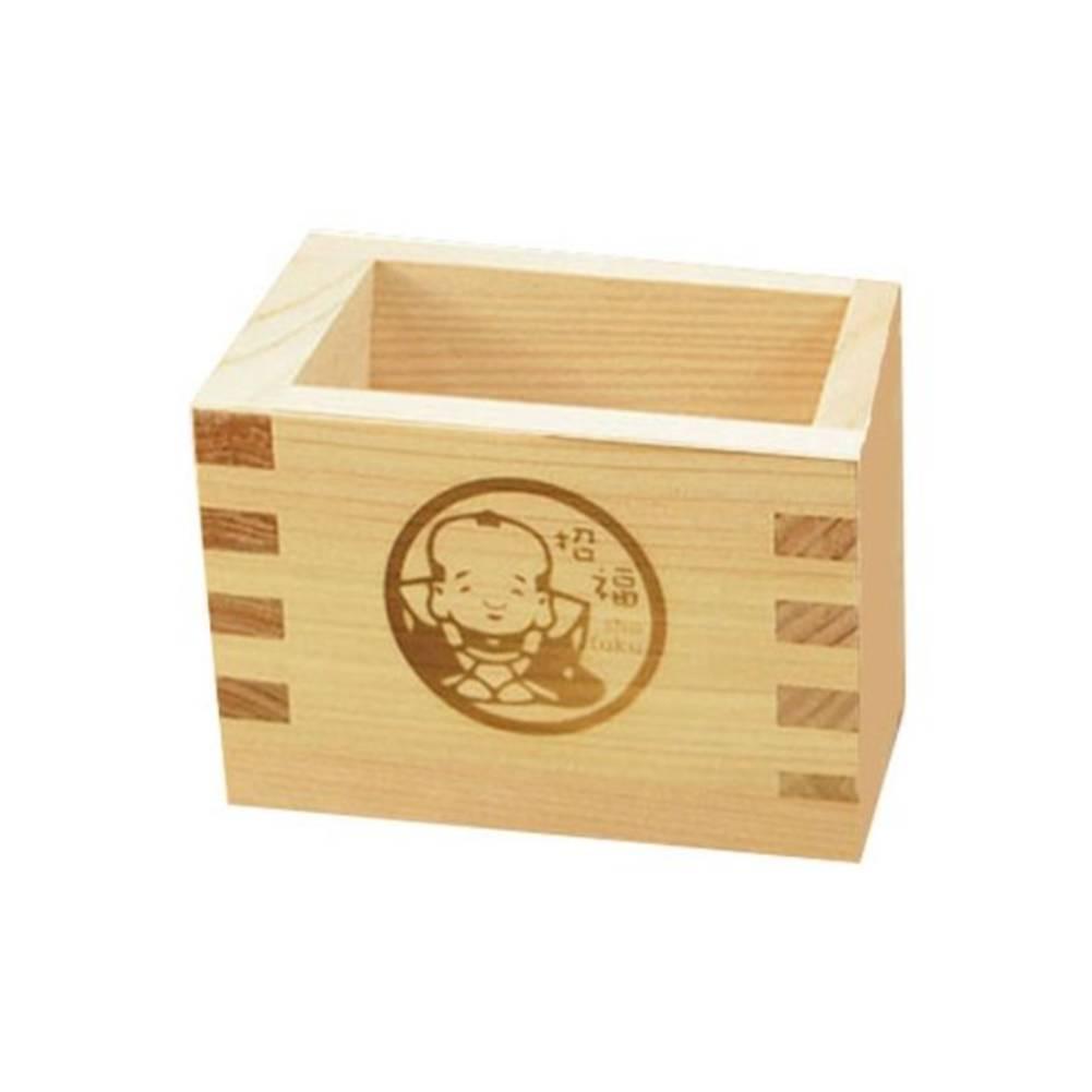 Handcrafted square Hinoki Masu sake cup made of light-colored Japanese cypress with a traditional character stamp on the front.