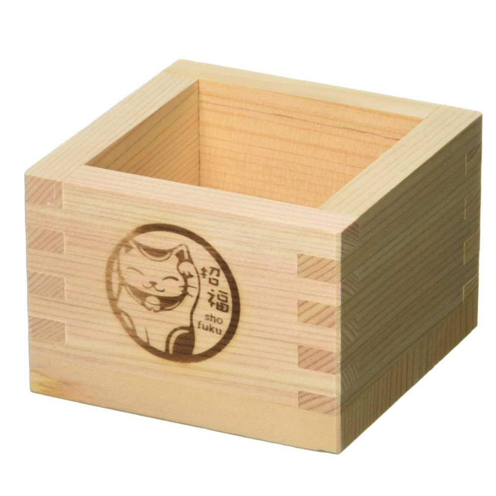 Authentic Japanese Hinoki cypress square sake cup with a small ceramic Maneki Neko lucky cat inside
