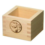 Authentic Japanese Hinoki cypress square sake cup with a small ceramic Maneki Neko lucky cat inside