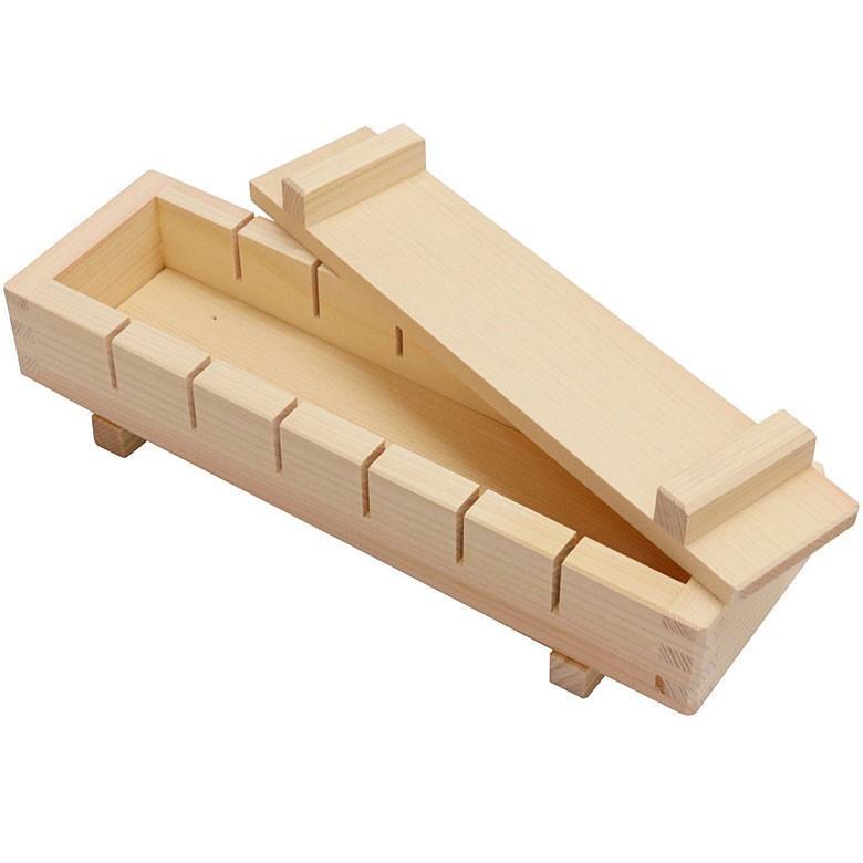 Ichihara Japanese Hinoki Cypress Wooden Sushi Press 27.5cm Oshizushi Mold showing three-part construction