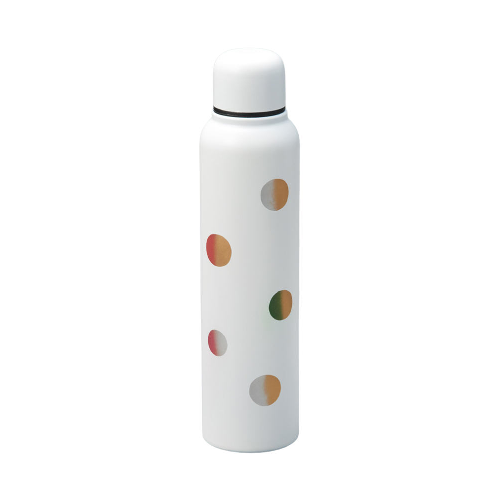 Isuke 350ml slim stainless steel water bottle with colorful dot pattern on a white background