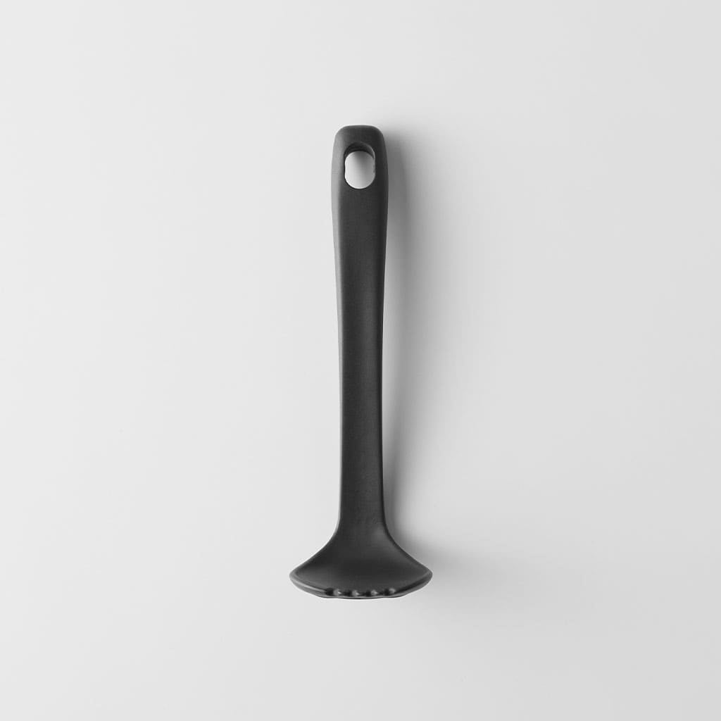 marna Spoon Masher, Nylon Spoon Masher With a Thick Rounded Handle for Pressing With Your Body Weight, Bumps Stop Slipping on Round Foods, No Holes to Clog, Hook Hole for Hanging, 230 Degrees C, Made in China, 5.9 x 19.9 x 6.8 cm and 63 g, Dark Grey