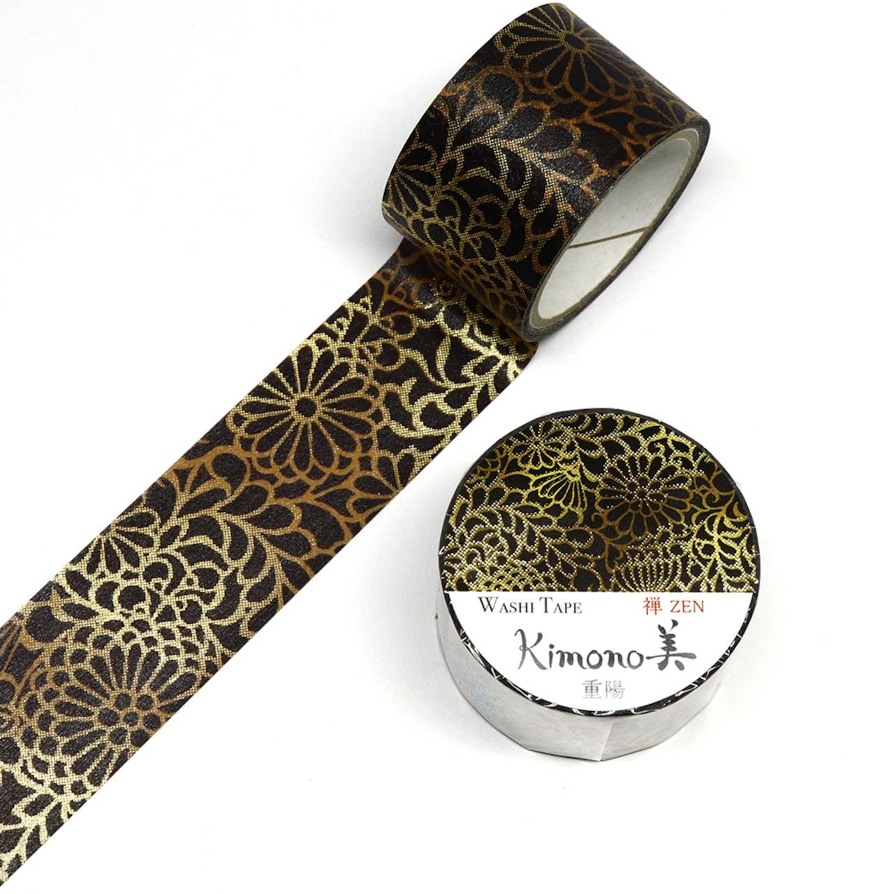 Kamiiso Gold Chrysanthemum Kimono Washi Tape featuring elegant Japanese patterns and gold foil accents