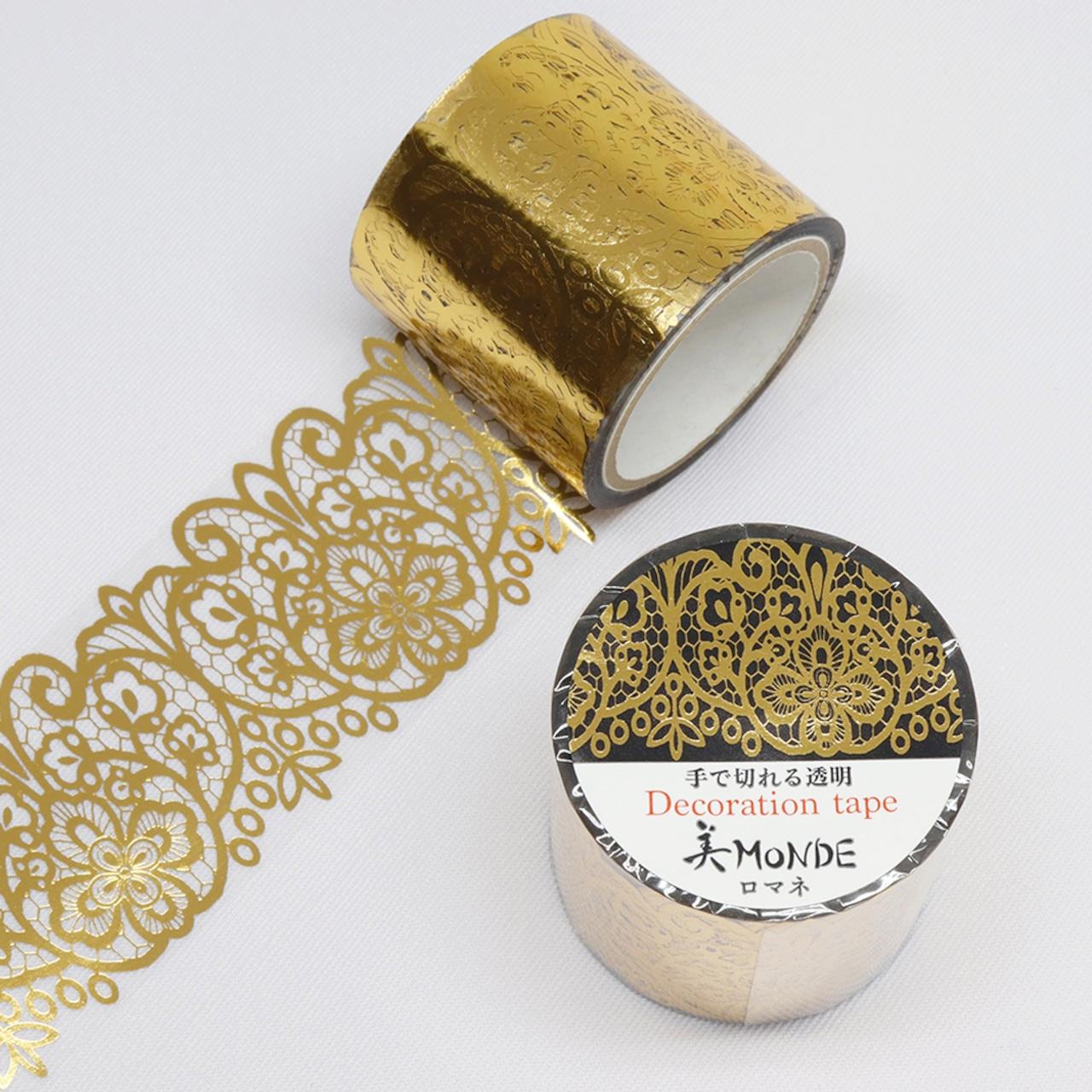 Kamiiso Gold Foil Lace Washi Tape 35mm clear decorative tape with intricate gold patterns