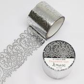 Kamiiso Monde 35mm wide clear washi tape with intricate silver foil lace patterns