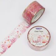 Kamiiso Saien 20mm Pink Coral Washi Tape with elegant gold foil accents on a white background