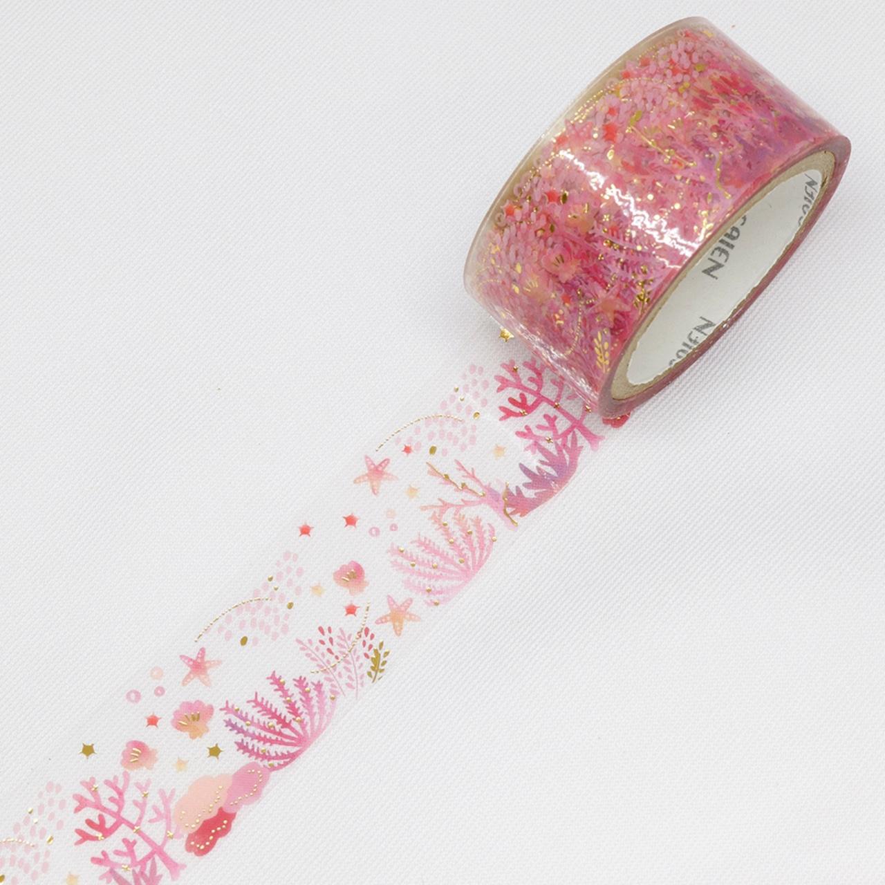 Kamiiso Saien Pink Coral Washi Tape with Gold Foil 20mm