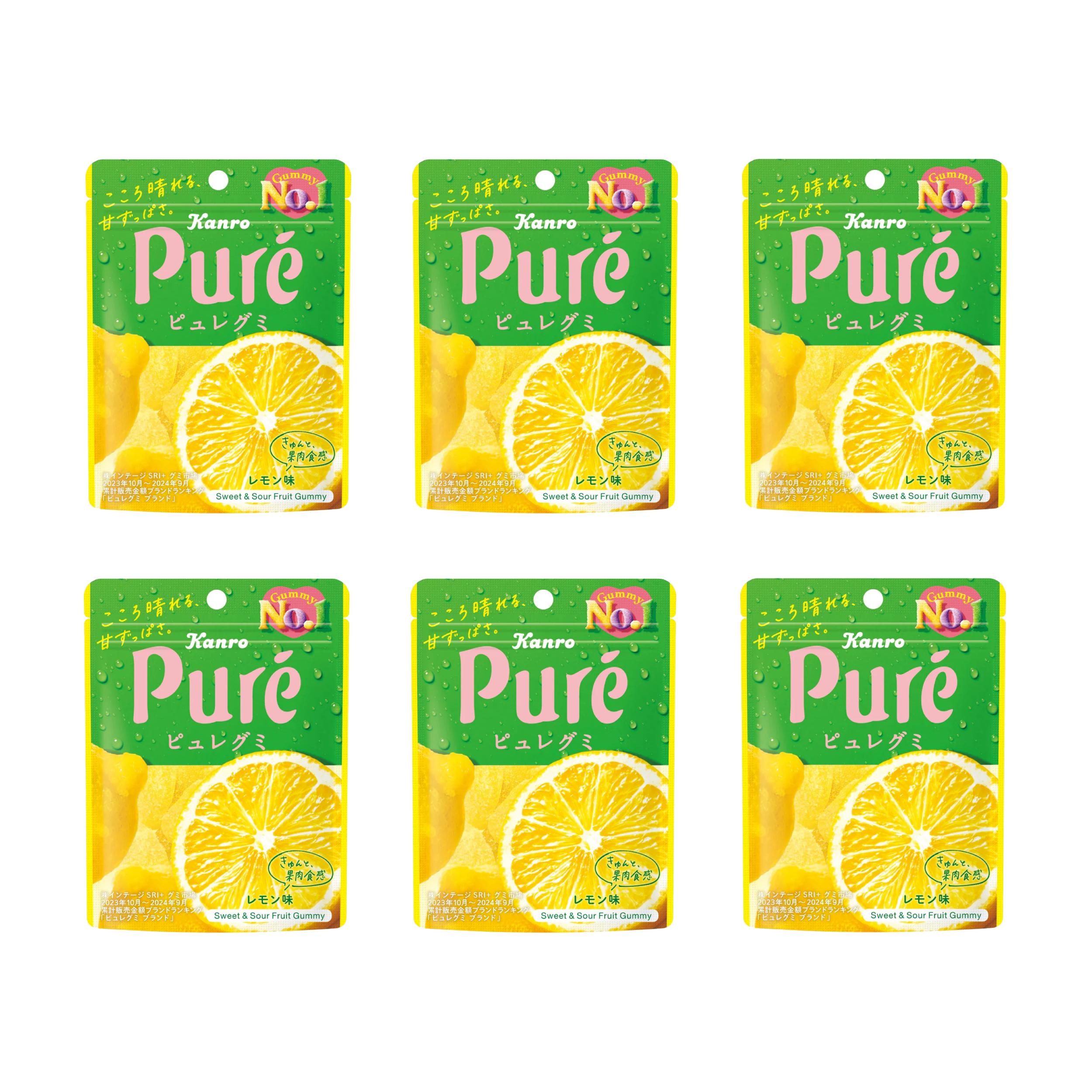 Six yellow pouches of Kanro Pure Gummy Lemon featuring heart-shaped candies and fresh lemon graphics
